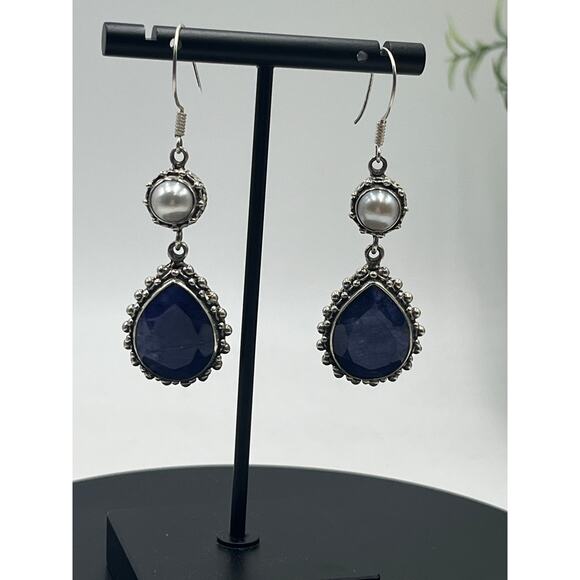 India 925 sterling Faceted Lapis Lazuli White Fresh Water Pearl Cabochon Earring - Picture 5 of 16